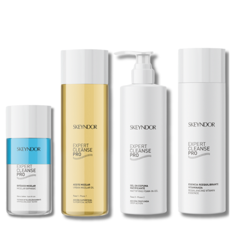 Kit de Doble Limpieza Expert Cleanse Pro – Bifásico Micelar, Aceite Micelar, Gel en Espuma Matificante y Esencia Reequilibrante Vitaminada para Piel Grasa y Mixta